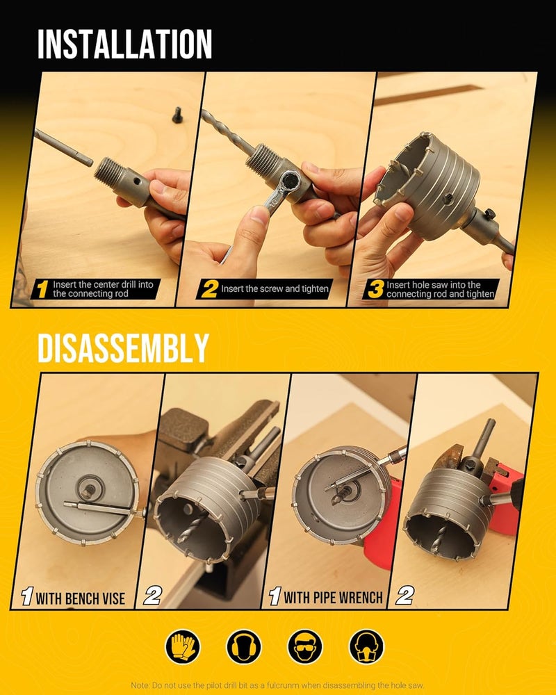 TGFTGF 150mm Concrete Hole Saw Kit, Tungsten Carbide Masonry Hole Saw Kit with 250mm SDS Plus Bit Shank Drill Bit Sets for Concrete, Brick, Stone, Cement, Tile, Wall Drilling - Image 5